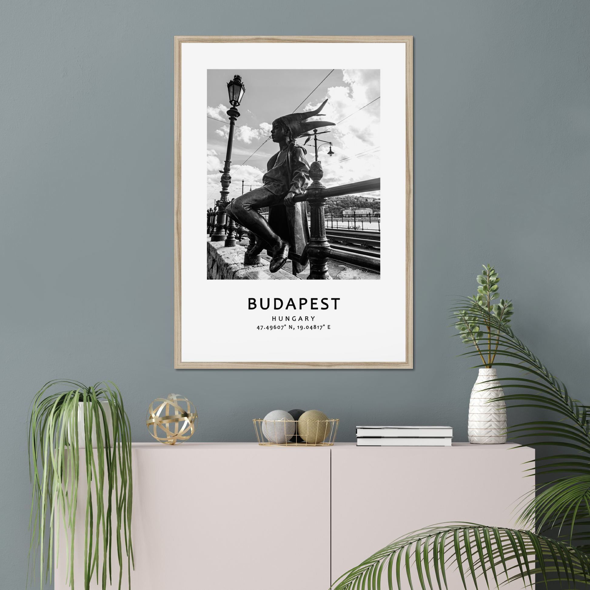 Personalized framed Budapest travel poster - wood frame - living room