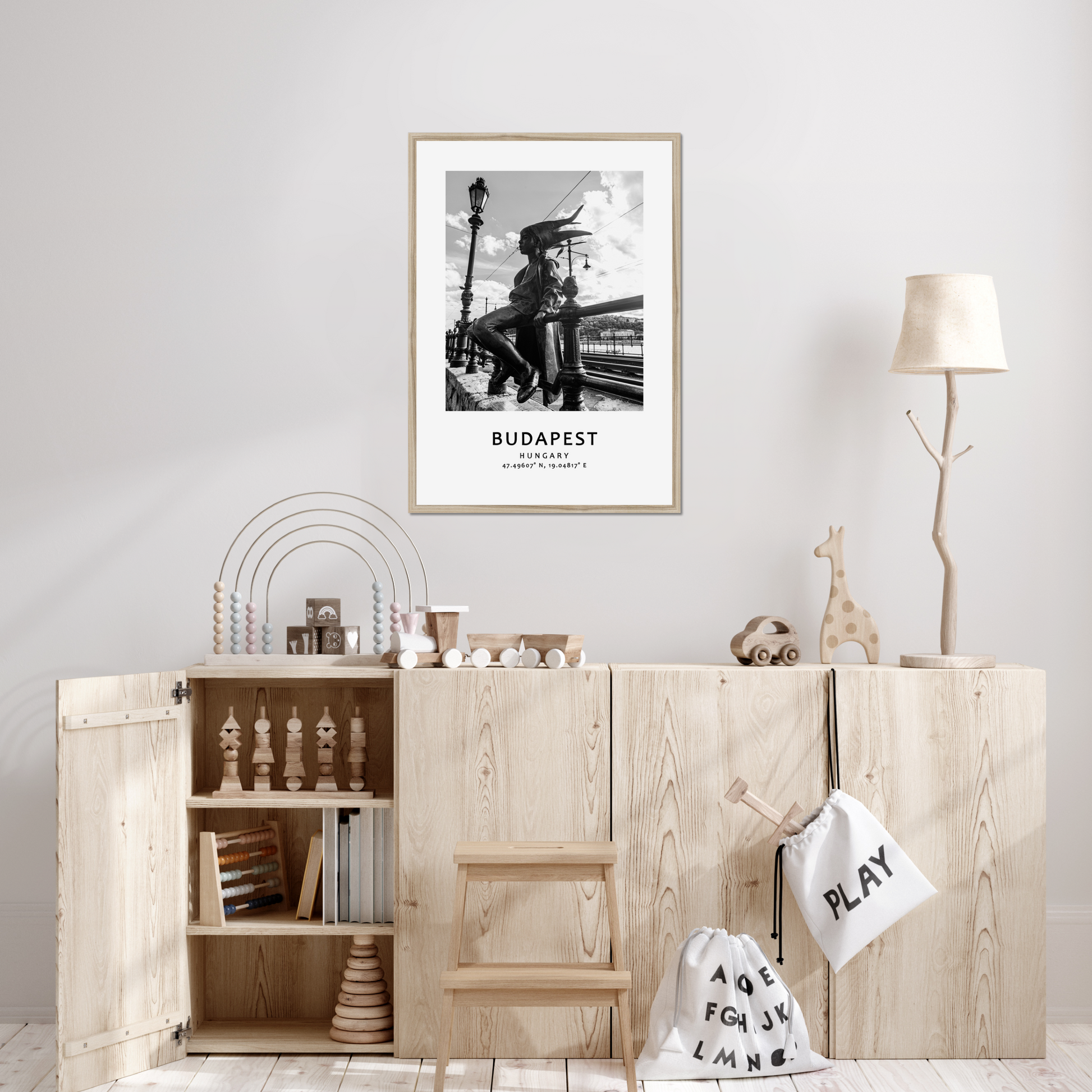 Personalized framed Budapest travel poster - wood frame - kids room