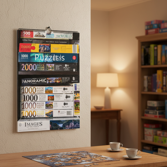 Personalised Puzzles Wall Calendar – Hobby Games Room Mockup by Istvan Maar Photography. 