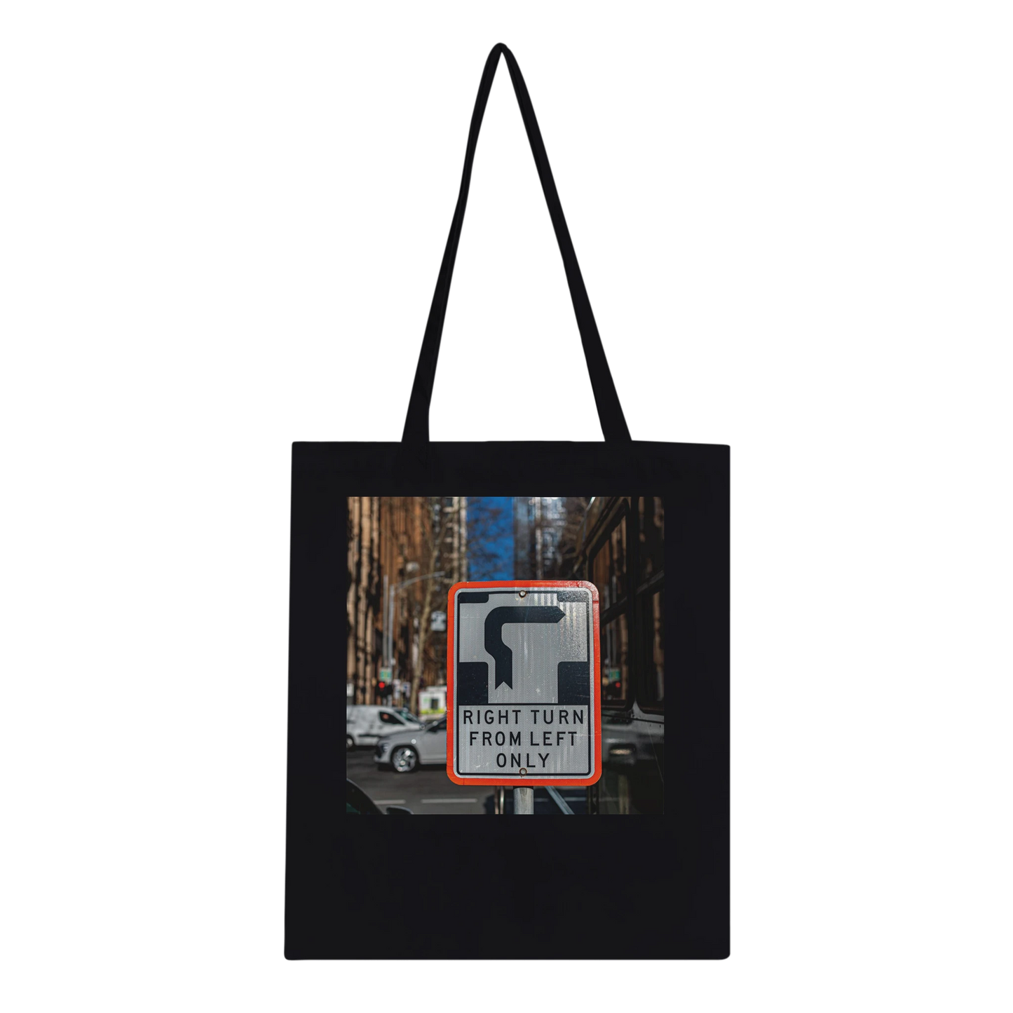 Right Turn street sign personalised canvas tote bag, Classic style in Black, front view featuring fine art Melbourne street photography print