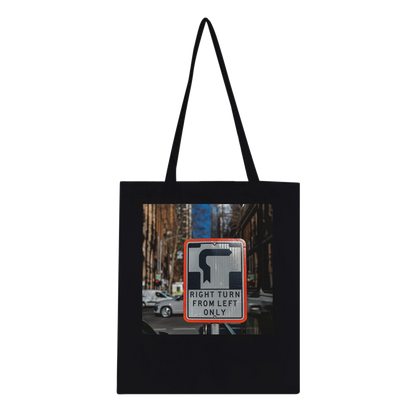Right Turn street sign personalised canvas tote bag, Classic style in Black, front view featuring fine art Melbourne street photography print