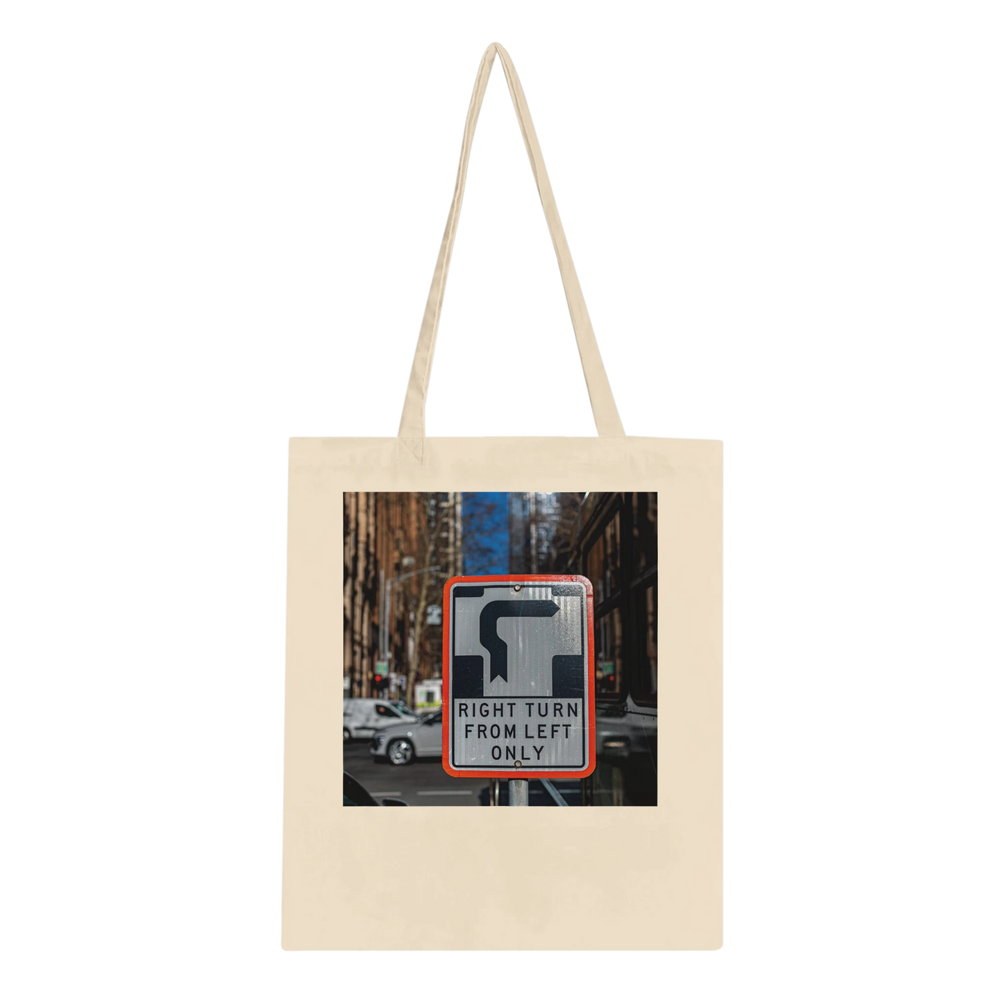 Right Turn street sign personalised canvas tote bag, Classic style in Natural, front view featuring fine art Melbourne street photography print