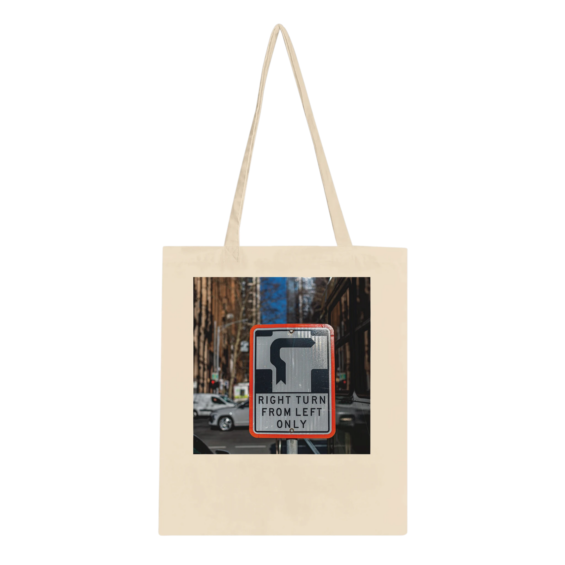 Right Turn street sign personalised canvas tote bag, Classic style in Natural, front view featuring fine art Melbourne street photography print
