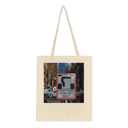 Right Turn street sign personalised canvas tote bag, Classic style in Natural, front view featuring fine art Melbourne street photography print