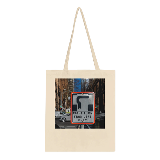 Right Turn street sign personalised canvas tote bag, Classic style in Natural, front view featuring fine art Melbourne street photography print