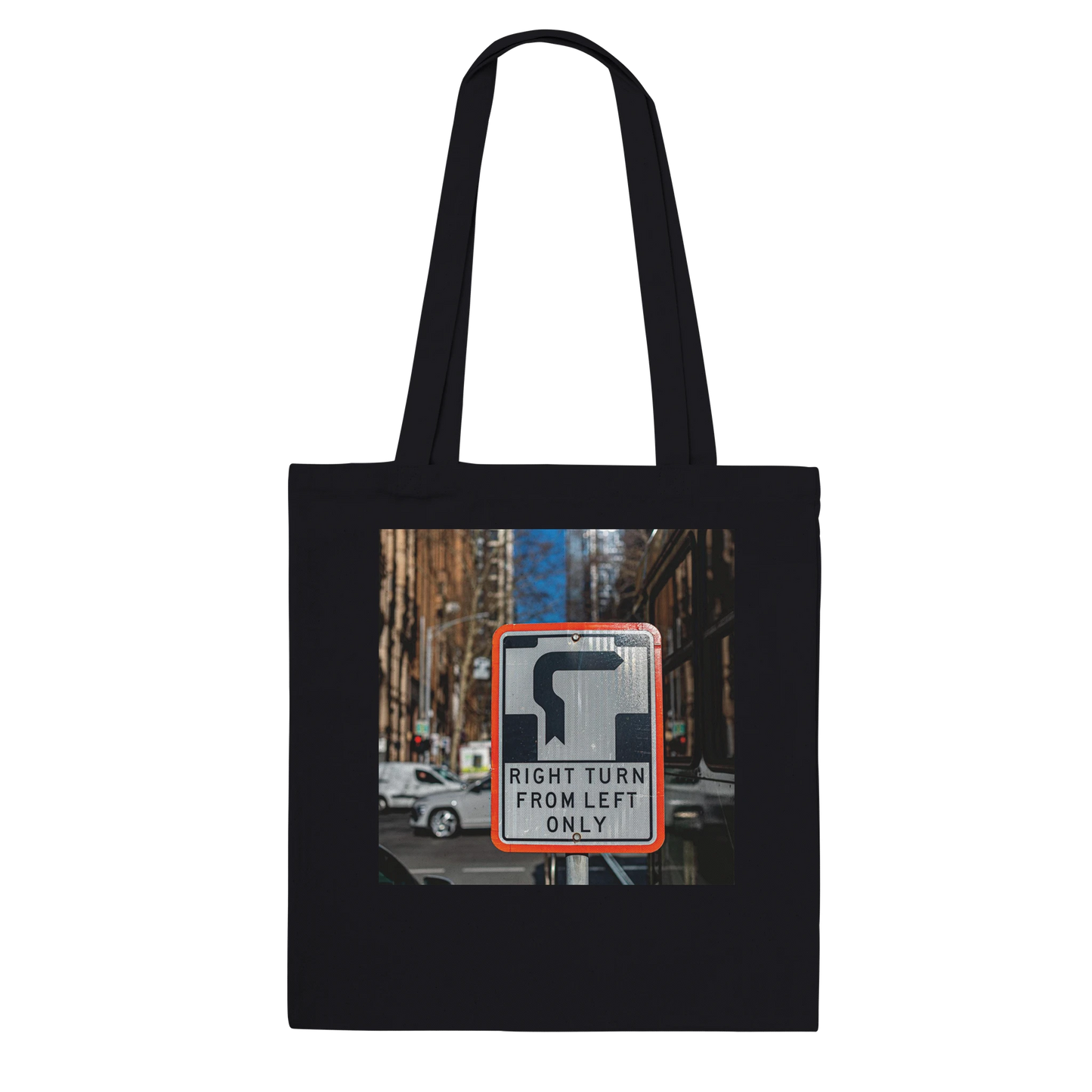 Right Turn street sign personalised canvas tote bag, Premium style in Black, front view featuring fine art Melbourne street photography print