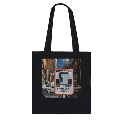 Right Turn street sign personalised canvas tote bag, Premium style in Black, front view featuring fine art Melbourne street photography print