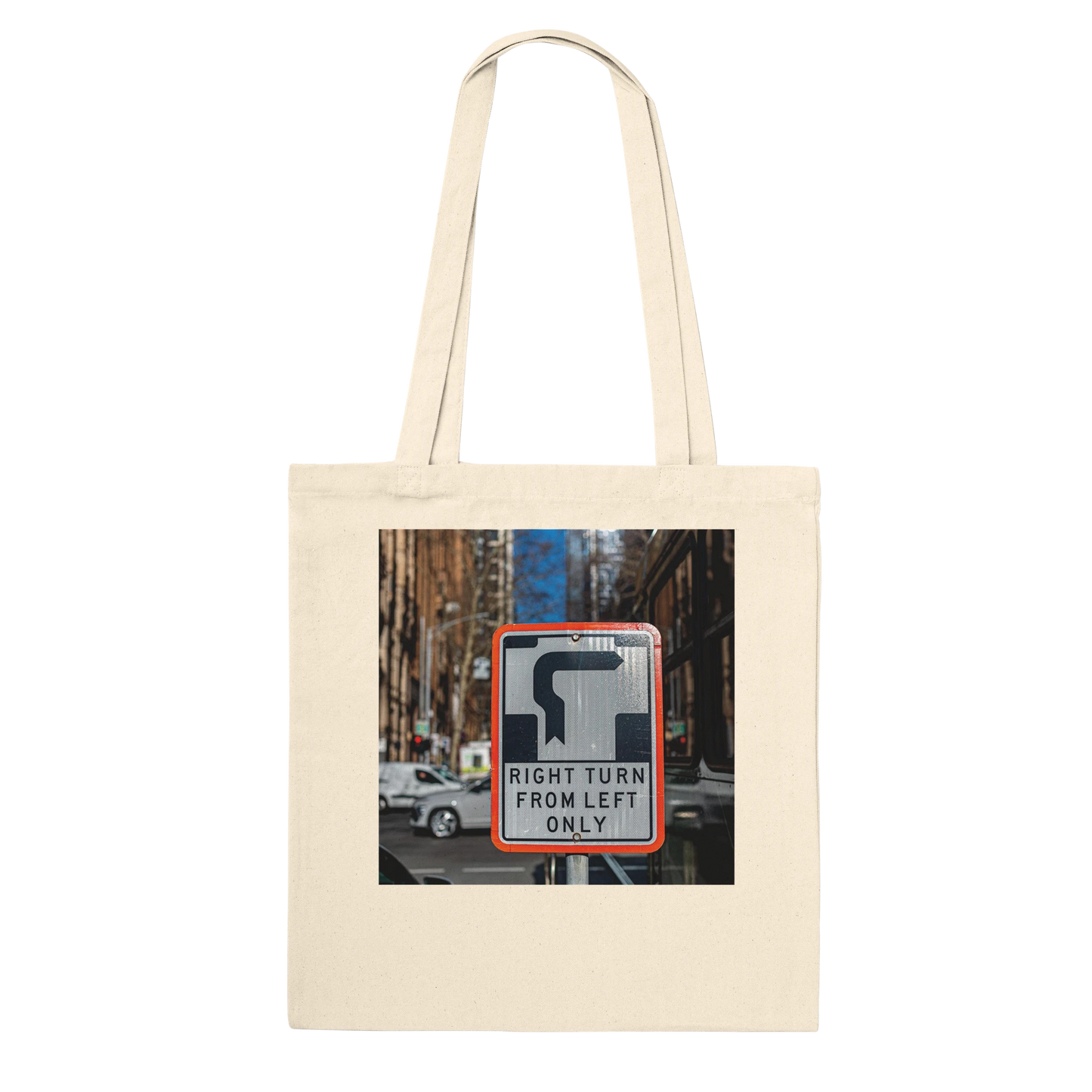 Right Turn street sign personalised canvas tote bag, Premium style in Natural, alternate front view featuring fine art Melbourne street photography print