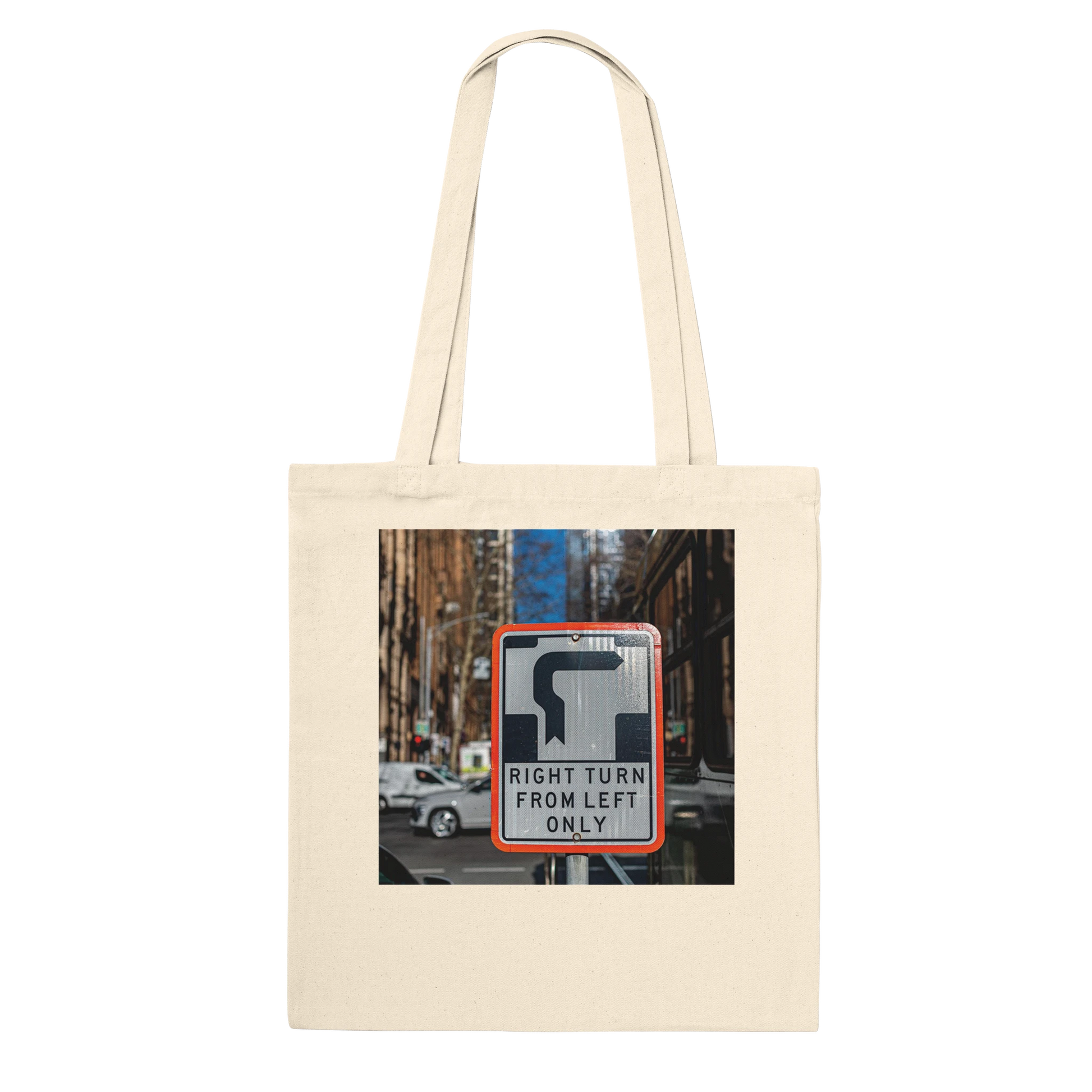 Right Turn street sign personalised canvas tote bag, Premium style in Natural, alternate front view featuring fine art Melbourne street photography print