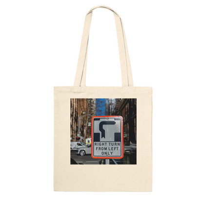 Right Turn street sign personalised canvas tote bag, Premium style in Natural, alternate front view featuring fine art Melbourne street photography print