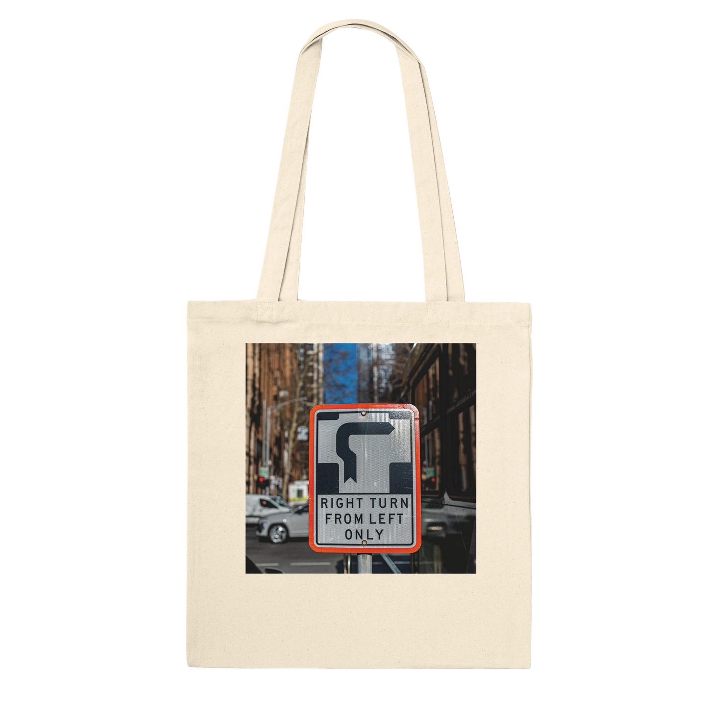 Right Turn street sign personalised canvas tote bag, Premium style in Natural, front view featuring fine art Melbourne street photography print