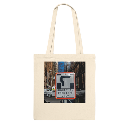 Right Turn street sign personalised canvas tote bag, Premium style in Natural, front view featuring fine art Melbourne street photography print