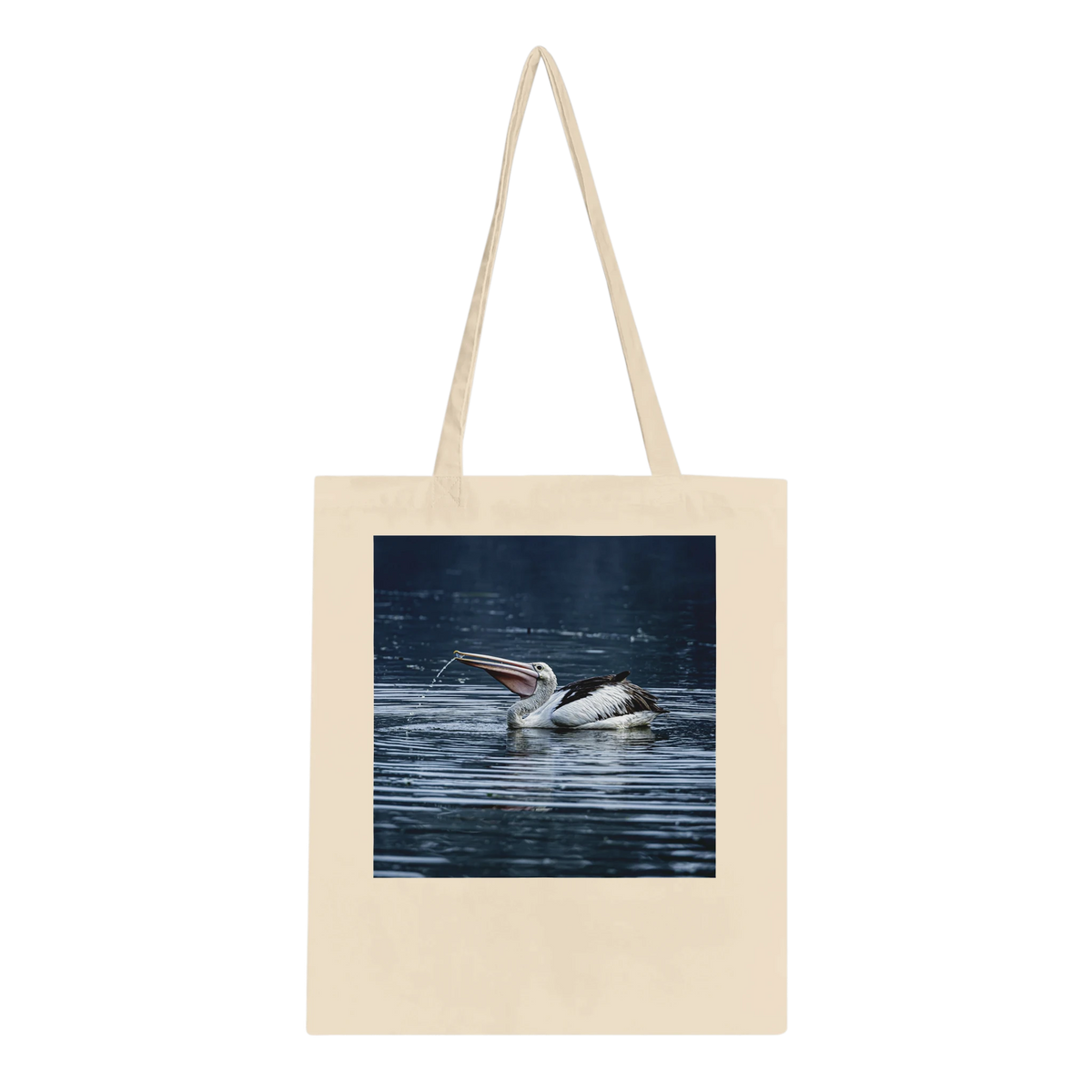 Natural tote bag with Australian pelican wildlife photo print, studio mockup