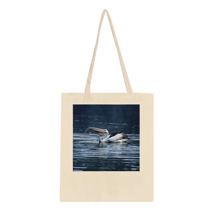 Natural tote bag with Australian pelican wildlife photo print, studio mockup