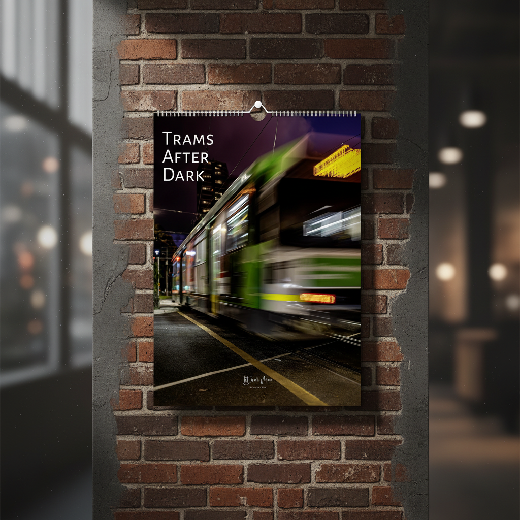 Trams After Dark A3 wall calendar mockup displayed on a dark urban wall with dramatic night tram photography - Istvan Maar Photography
