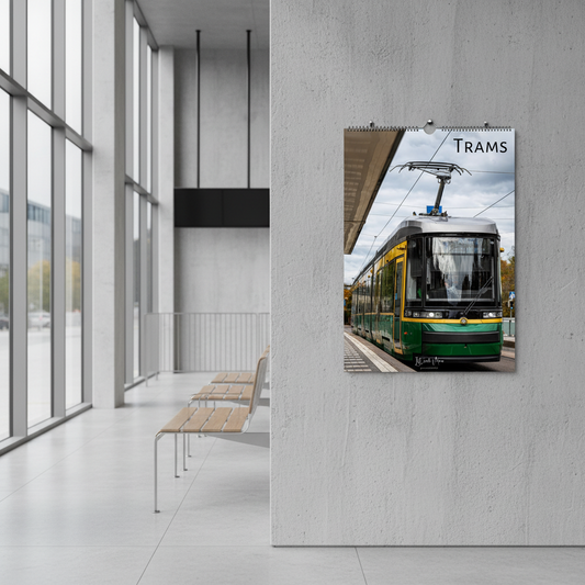 2027 Trams Wall Calendar – lifestyle mockup displayed in transit station setting