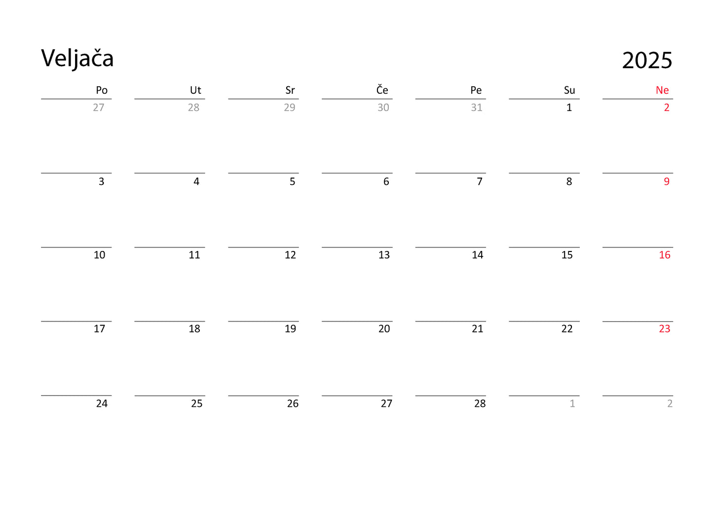 calendar grid in Croatian