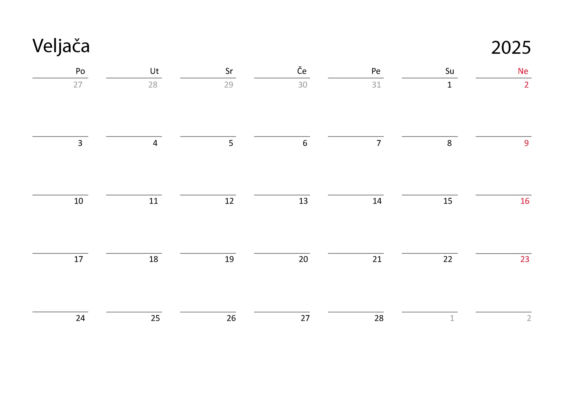 calendar grid in Croatian