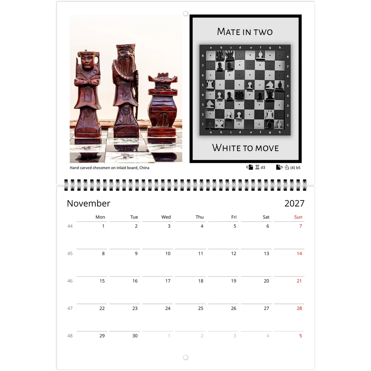 Chess puzzle wall calendar by Istvan Maar Photography, featuring chess boards and sets from different cultures. with challenging puzzle for each month.  