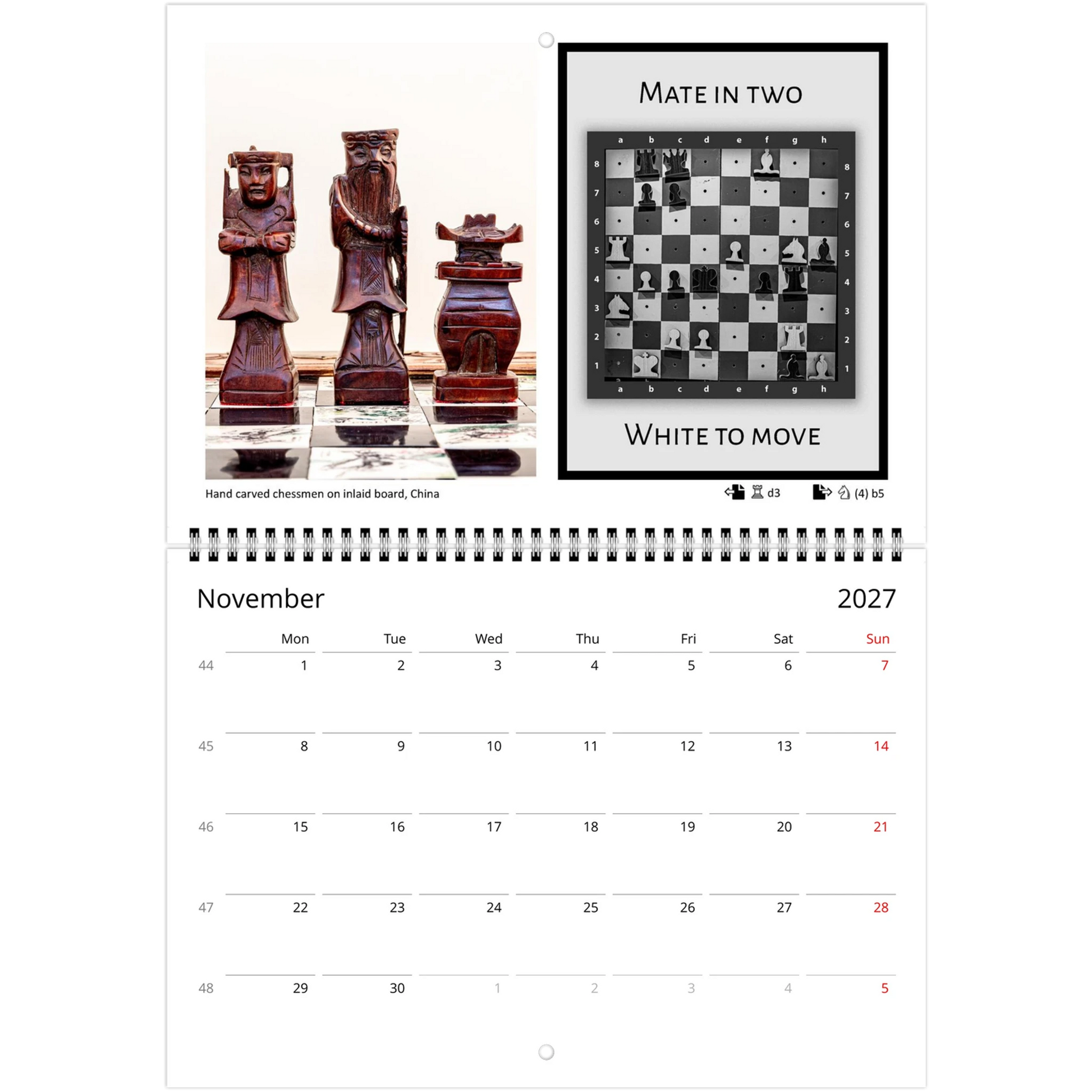 Chess puzzle wall calendar by Istvan Maar Photography, featuring chess boards and sets from different cultures. with challenging puzzle for each month.  