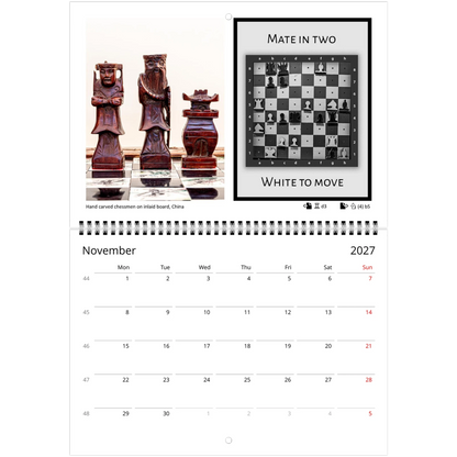 Chess puzzle wall calendar by Istvan Maar Photography, featuring chess boards and sets from different cultures. with challenging puzzle for each month.  